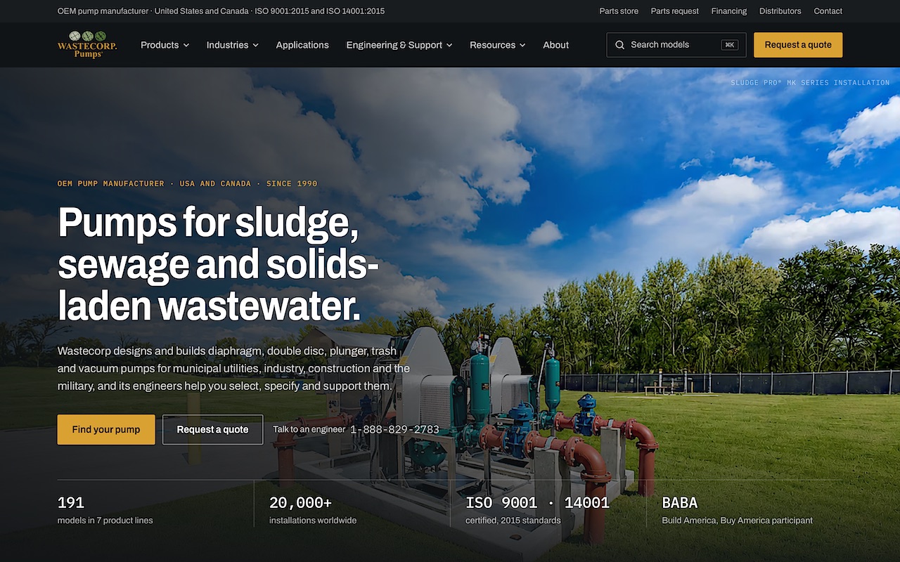 The redesigned Wastecorp Pumps website